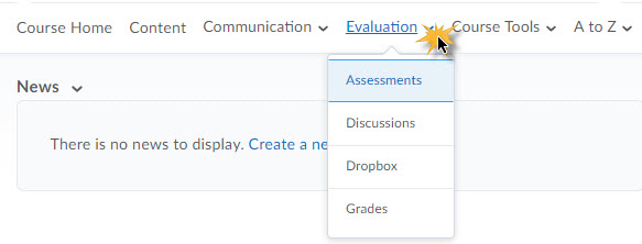 Image of the default course navigation bar with the Evaluation link group expanded and the Assessments tool highlighted