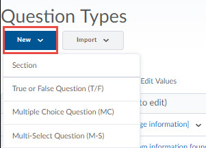 Image of the New button expanded in the quesiton library and a question type selected