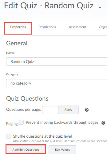 Image of the properties tab of edit quiz with the add/edit questions button selected