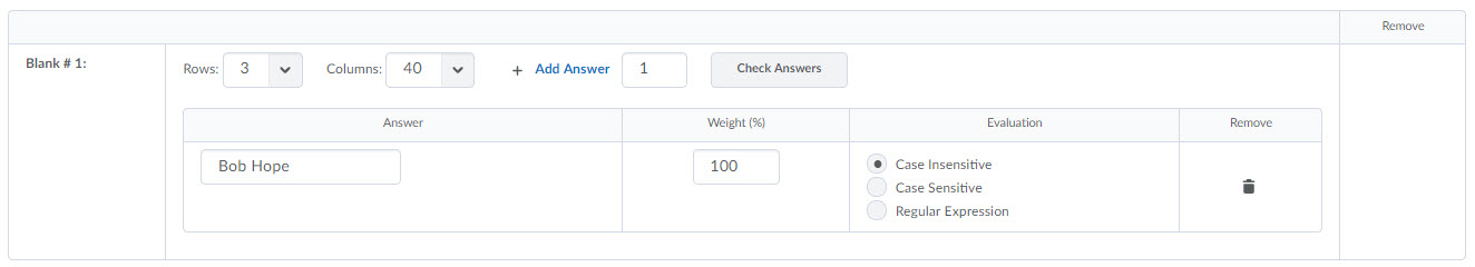 Image of the answer option table for short answer question types