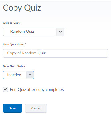 Image of the Copy quiz screen