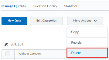 Image of the more actions button on the manage quizzes screen with delete selected.