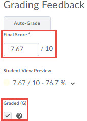Grading Feedback options for an attempt (Autograde, final score, student preview, and graded checkbox)