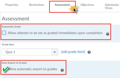Image of the Edit Quiz - Assessment Tab with a grade item select and the auto export option selected