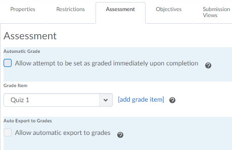 Image of the Edit Quiz - Assessment Tab with a grade item selected and the auto export and auto grade options not selected