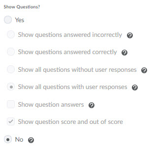 Image of the Show Questions options of the Default View on the Submission View tab of the Edit Quiz page. 