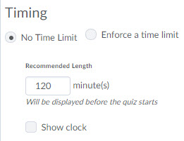 Image of the Time Limit options  located on the Restrictions tab of the Edit Quiz page. 