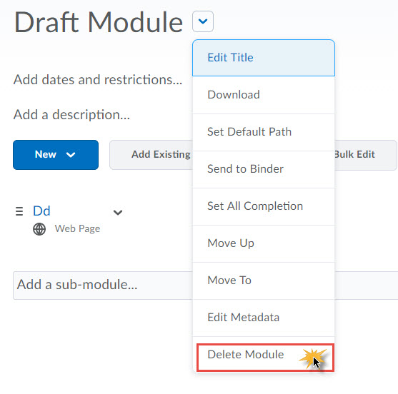 Image of the Module context menu with delete module selected