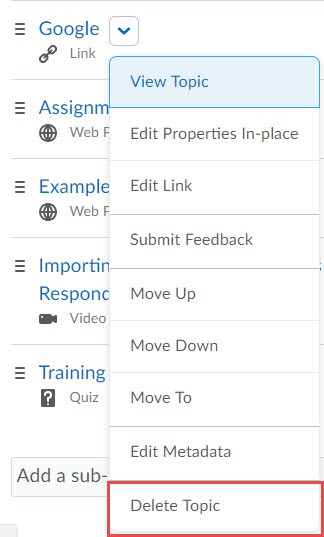 Image of the topic context menu with delete topic selected