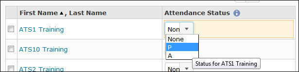 Image of the sessions table with a student's attendance value dropdown expanded.