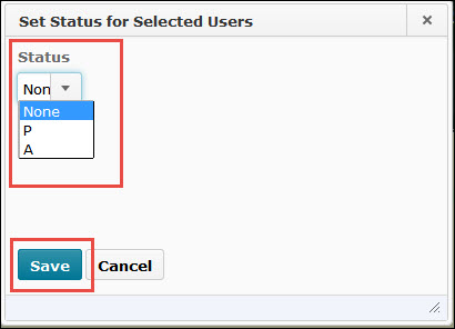 Image of the bulk set status pop up window with the status dropdown expanded