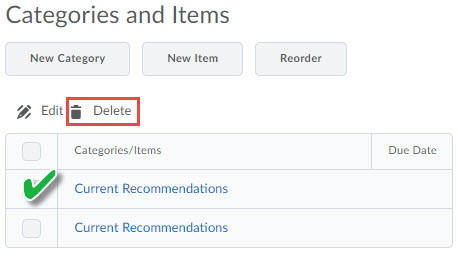 Image of the Edit Checklist page with an item selected and the delete option highlighted