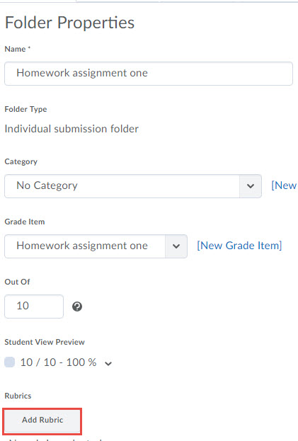 Image of the Edit Folder Screen of a dropbox folder properties in this order: name, originality check, folder type, category, grade item, out of score text box, student view preview, rubric - add a rubric button (selected)