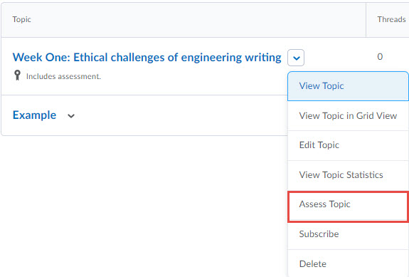 image of the discussion board topic context menu which lists the following in order: view topic, edit topic, view topic statistics, assess topic(selected), subscribe, and delete
