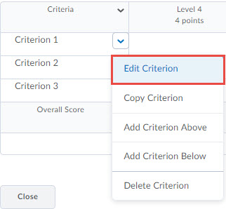 Image of the context menu of a criteria that contains in order: Edit criterion, copy criterion, add criterion above, add criterion below, delete criterion. 