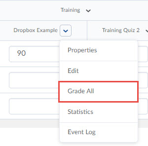 image of enter grades - grade item context menu which lists the following in order: properties, edit, grade all (selected),  statistics, event log