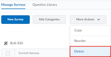 Image of the more actions button on the manage surveys screen with delete selected.