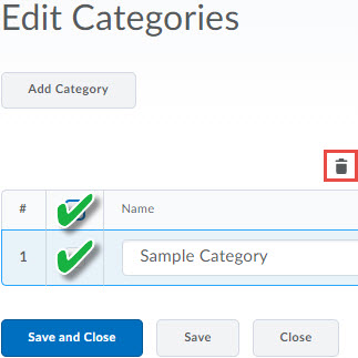 Image of the edit categories page with a category selected and the trashcan icon highlighted