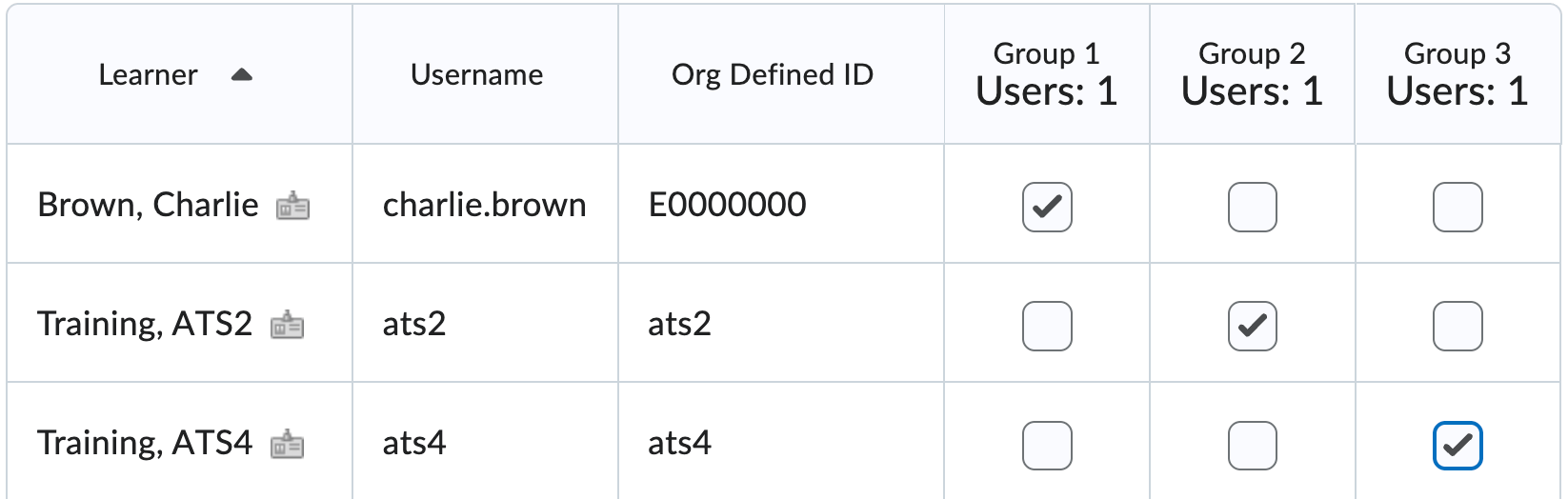 The add users to group table where you can check the boxes to add students to different groups