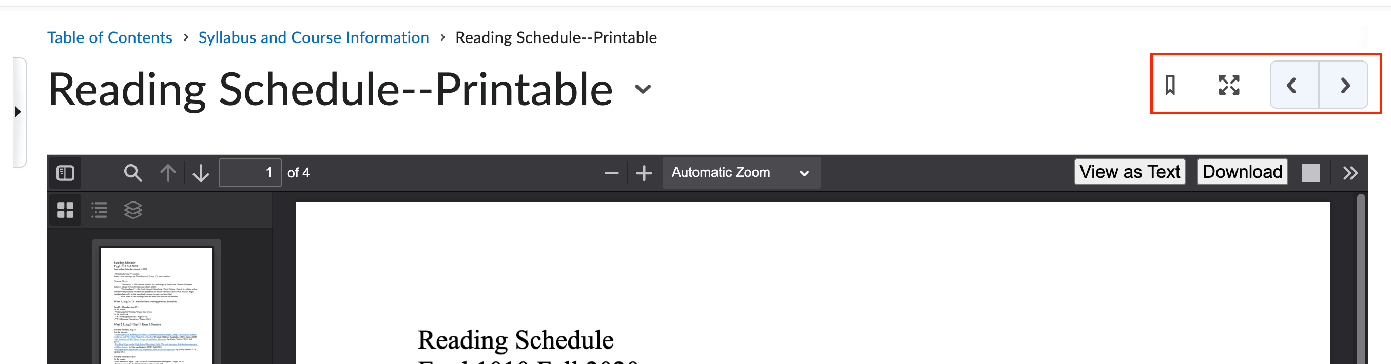 The view of a content page with the bookmark, expand, and page navigation highlighted.
