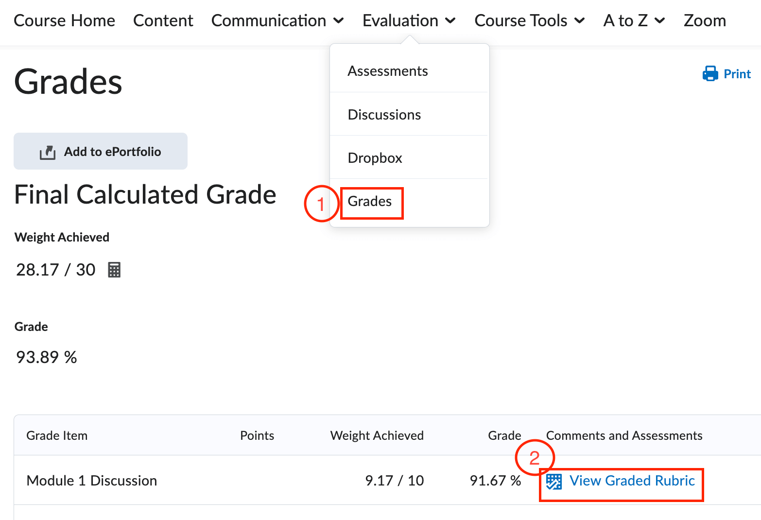 The evaluation menu expanded with grades selected and the graded rubric highlighted to the right.