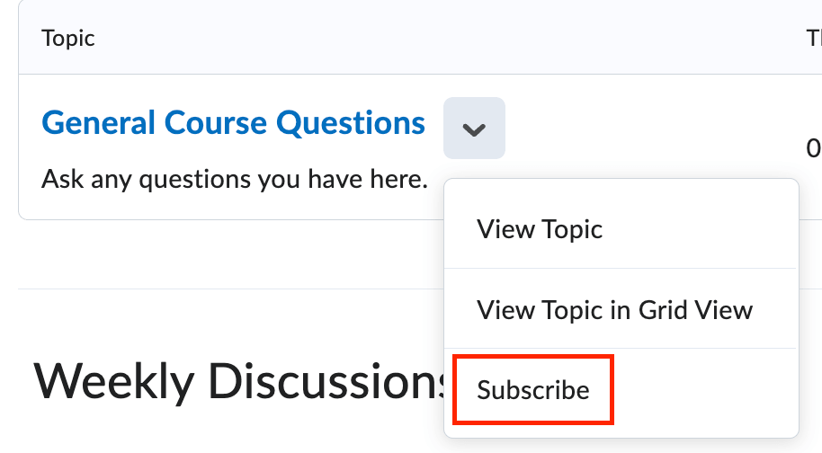 The subscription option within the context menu of a topic