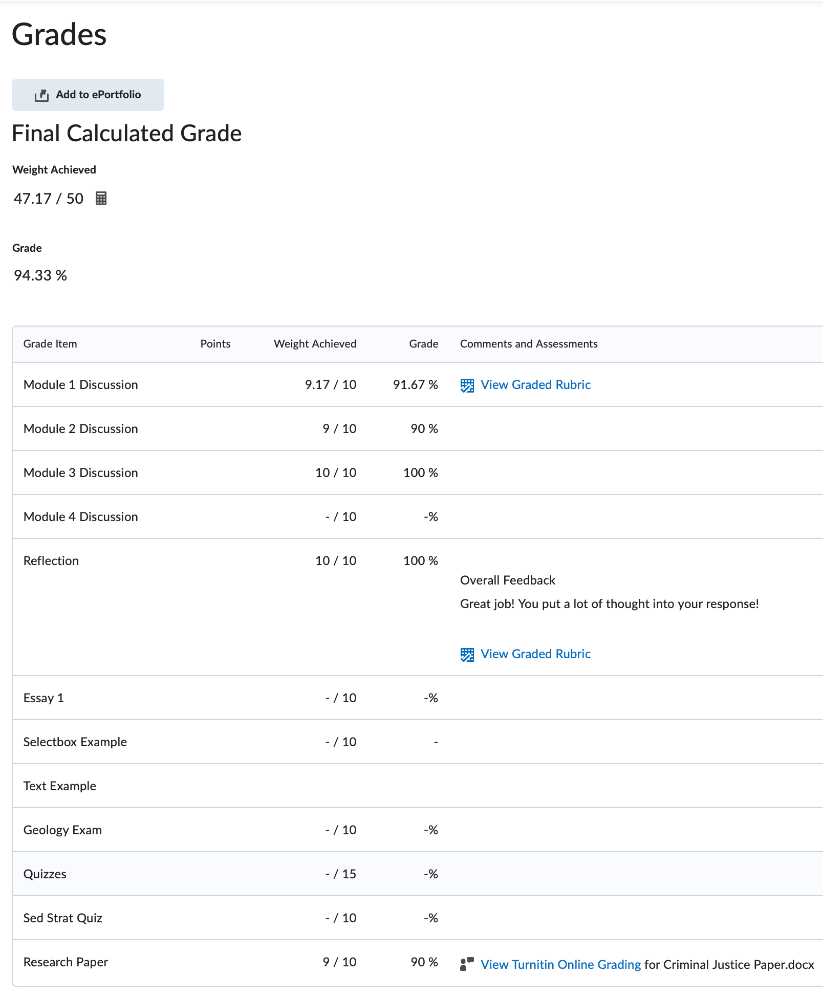 The grade book from a student's view