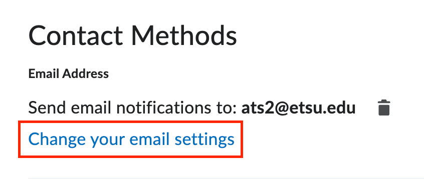 The Contact Methods section of the Notifications set up page with the Change your email settings hyperlink circled.