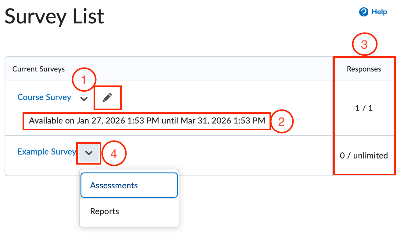 The survey list page with the primary features indicated