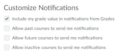 Image of the Customize Notification Options. The options are:   Include my grade value in notifications from Grades Allow past courses to send me notifications Allow future courses to send me notifications Allow inactive courses to send me notifications 