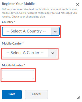 Image of the Register your mobile pop up window displayed with the following options circled: Country, Mobile Carrier, and Mobile Number.