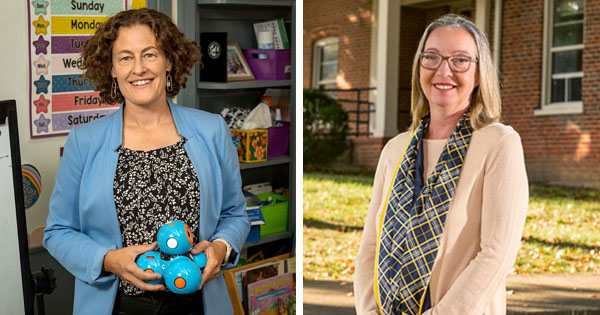 Dr. Alissa Lange stands in a classroom and Dr. Mary Mullins stands outside a building