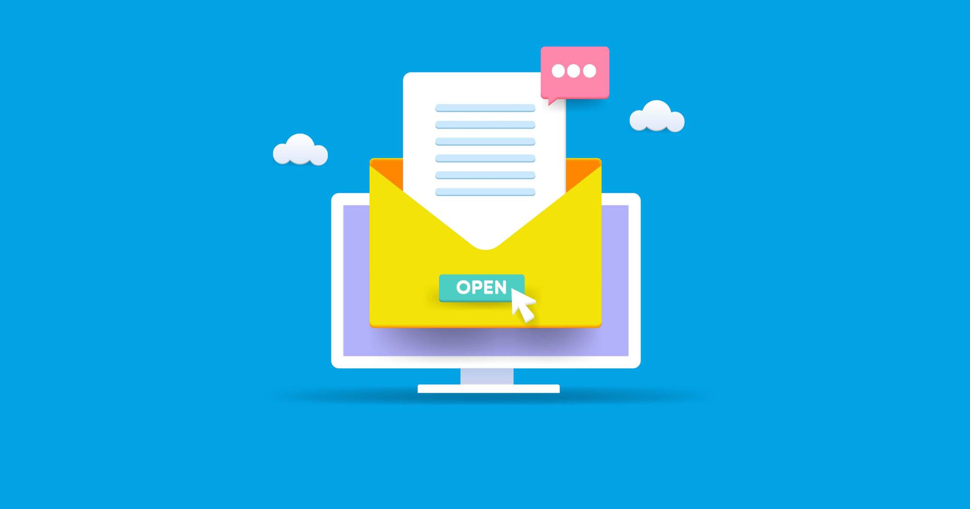 An email illustration with a blue background.