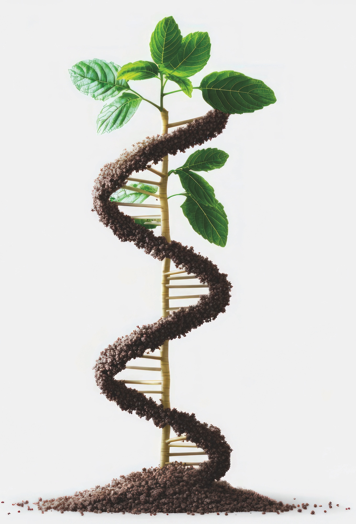 A photo illustration depicting a DNA strand made of dirt growing up and around a plant shoot.