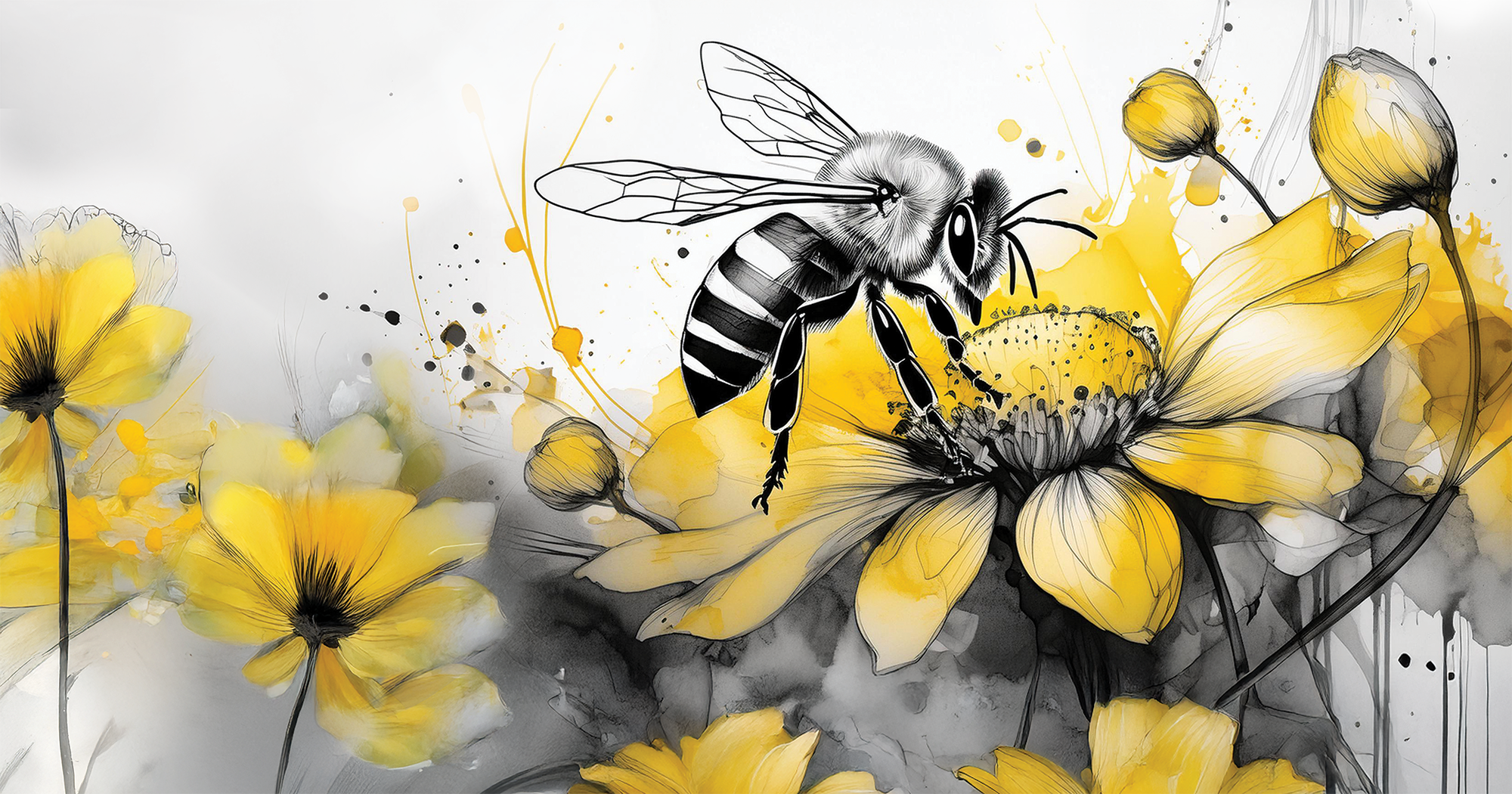 Graphic illustration: A bee collects pollen from a flower.