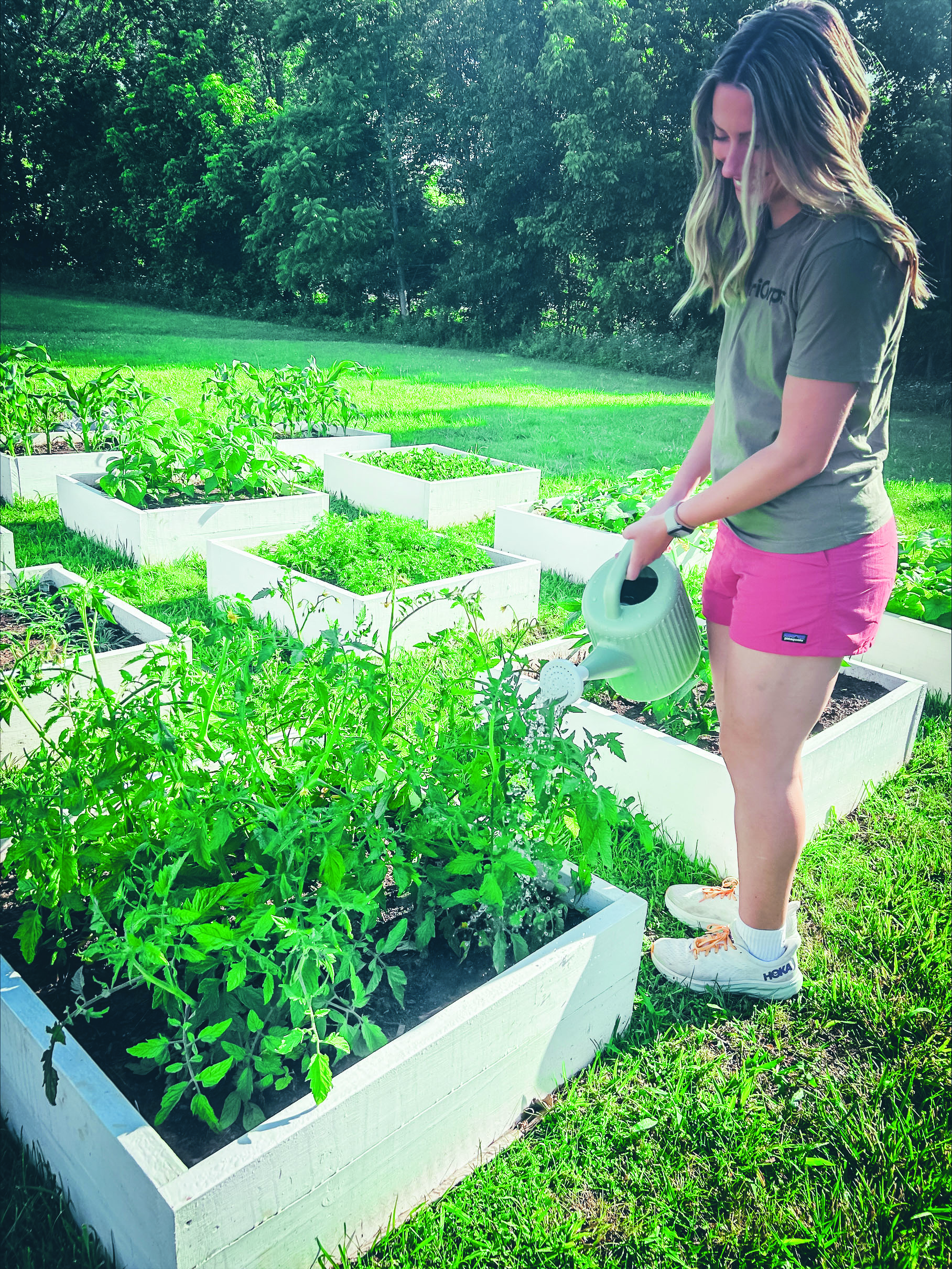 Regan Sparks waters plants in a raised bed.