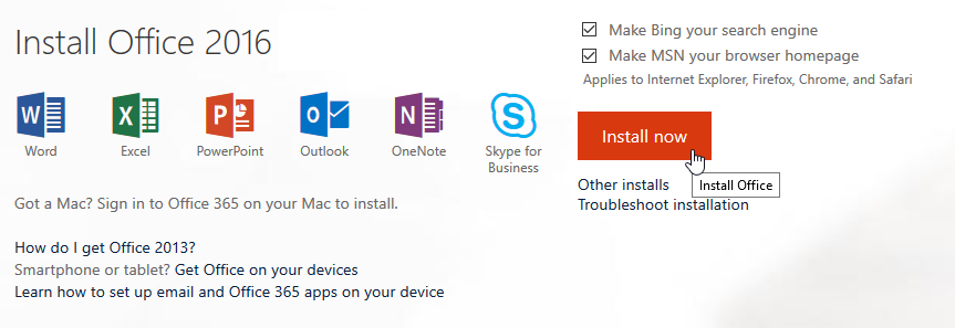 A screenshot of Office 365 portal home page is displayed, specifically showing the download button for Office 365 applications.