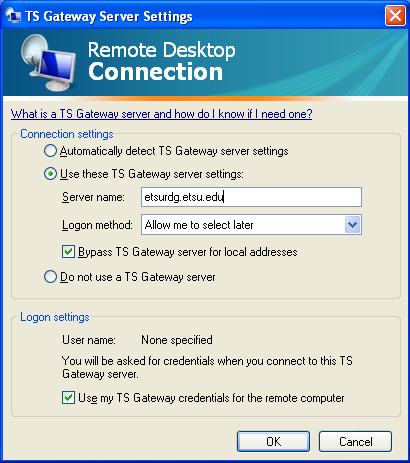 The settings menu has two sections: 'Connection Settings' and 'Logon Settings'.