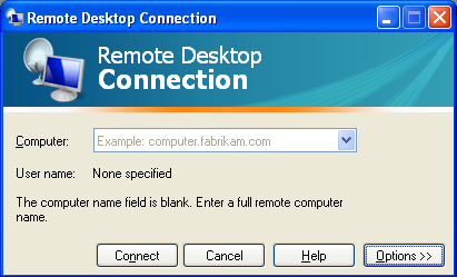 The Remote Desktop Client Startup window asks for a computer name, and has buttons labelled 'More options' and 'Connect'