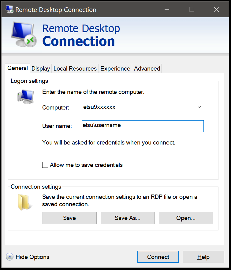 Remote Desktop Connection box enter username