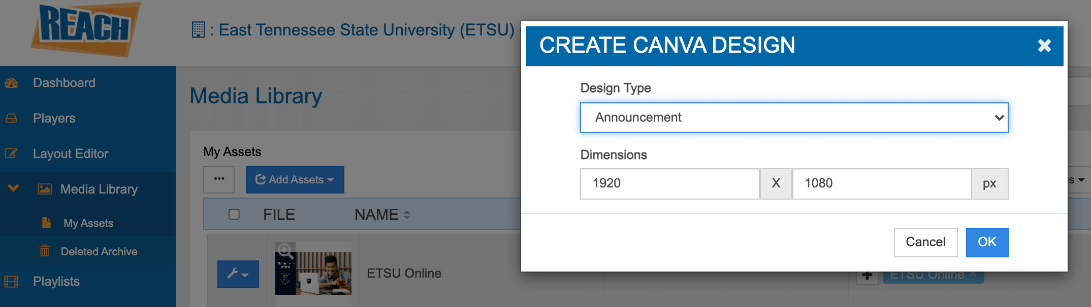 Screenshot of Canva announcement options