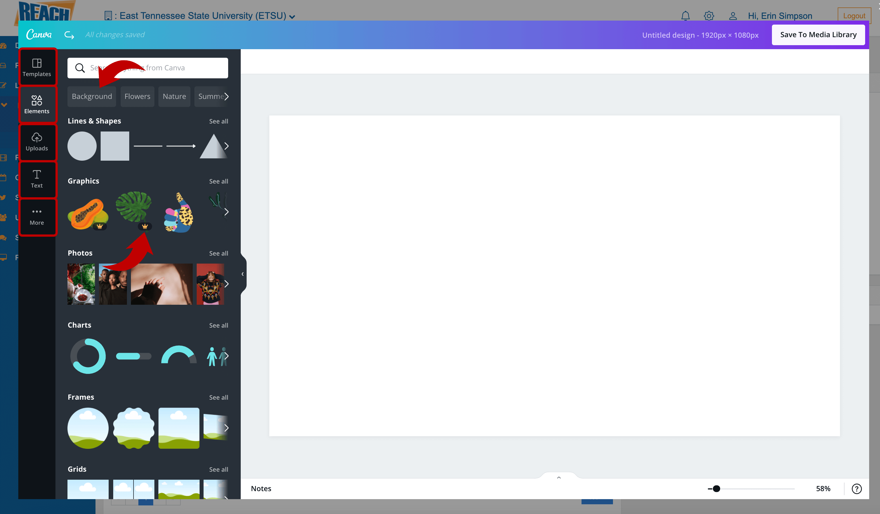 Screenshot of blank Canva space