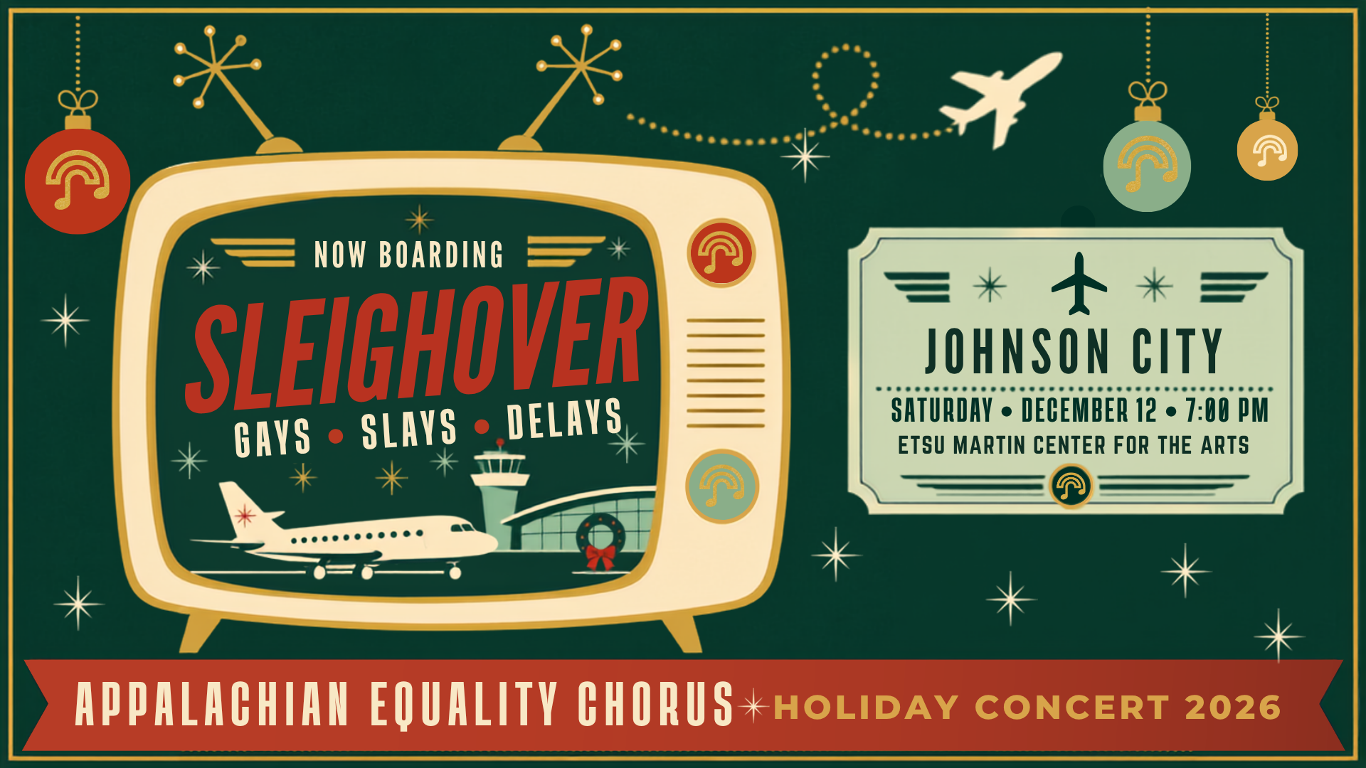 The retro, mid-century styled graphic features a vintage television displaying an airport terminal with an airplane, alongside a boarding pass graphic detailing the event info