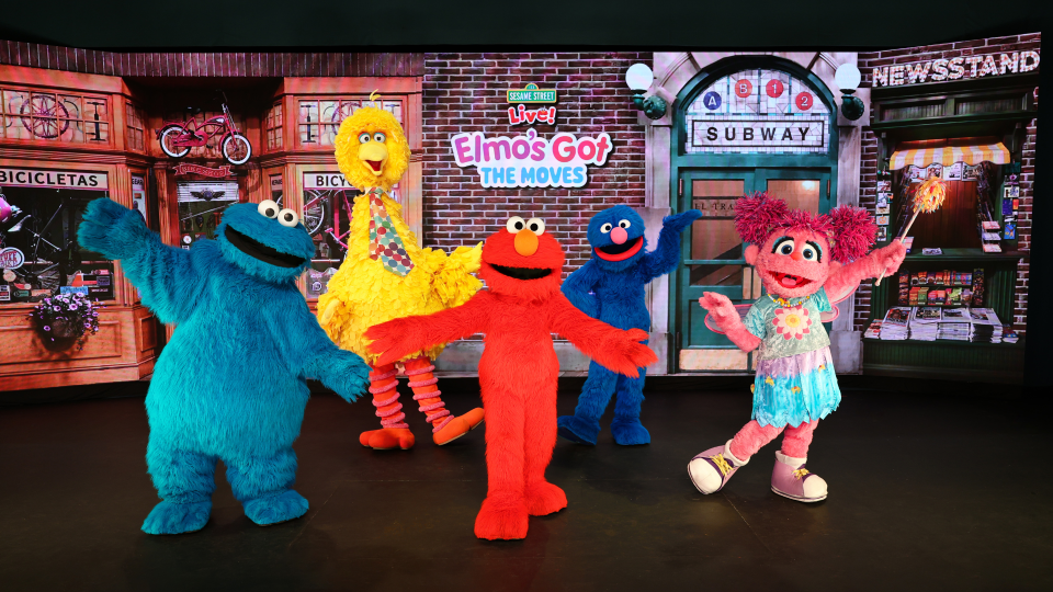 Sesame Street characters gathered in front of a colorful store, showcasing their playful personalities and vibrant surroundings.