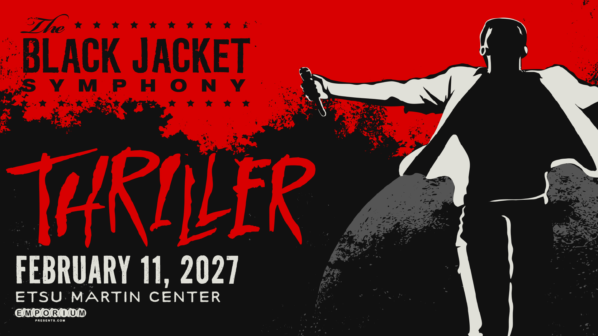 "The Black Jacket Symphony: Thriller" poster showing a silhouette performer on a moon graphic. Event date: February 11, 2027, at ETSU Martin Center.