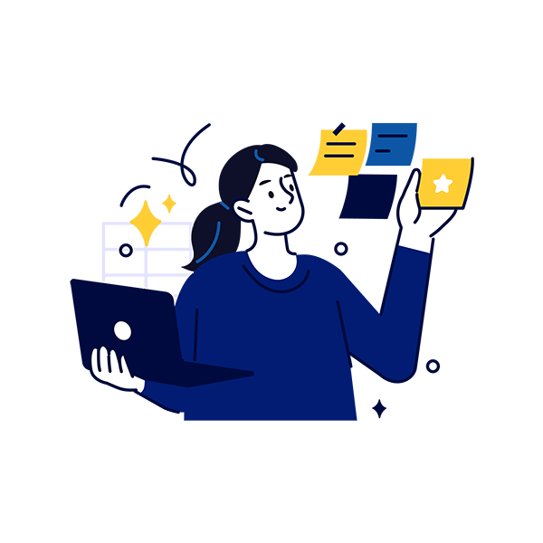 Illustration of a student holding a laptop and various sticky notes