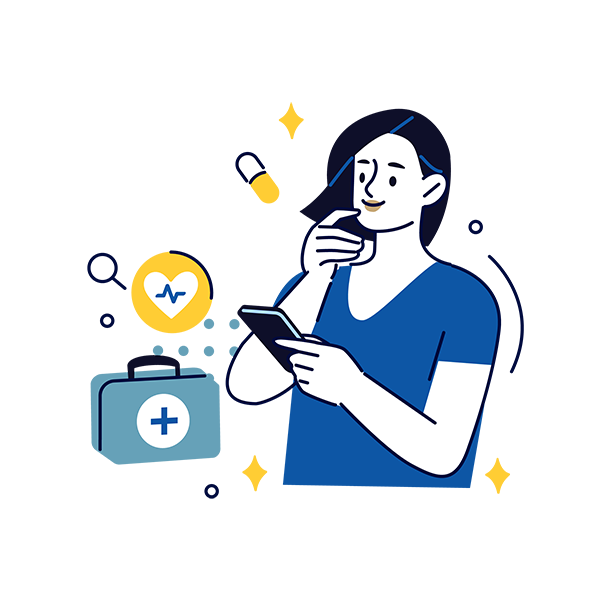 Illustration of a student holding a phone and thinking. The person is surrounded by various icons representing the medical field.