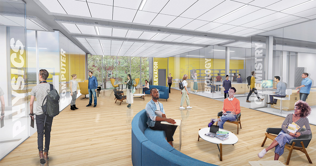 Architectural rendering of the renovated Brown Hall at East Tennessee State University showing a bright, open student commons with wood floors, glass-walled labs, and yellow accent panels labeled Physics, Computer, Biology, and Chemistry. Students are seated in curved blue lounge furniture, collaborating at tables, and walking through the space with backpacks.