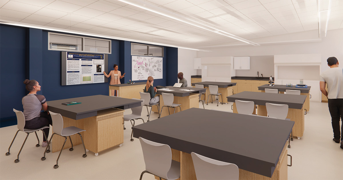 Rendering of a modern science classroom in the Brown Hall renovation at ETSU with movable tables, lab sinks, and digital presentation screens. An instructor gestures toward a display while students sit at tables, and another student works at a side counter.