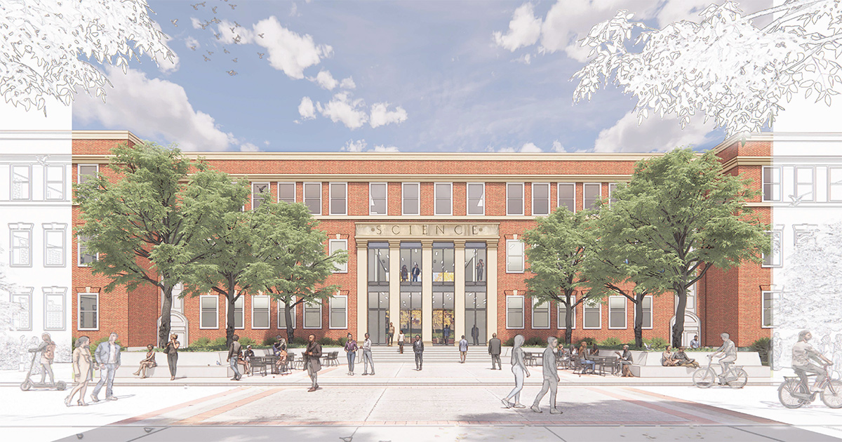 Exterior rendering of the front entrance of the renovated Brown Hall at ETSU showing a classic brick academic building with new glass entry doors, wide steps, trees, and students gathering in a plaza.
